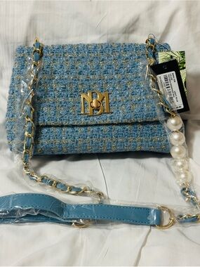 Badgley Mischka Light Blue Tweed Chain Crossbody with Pearl Accent